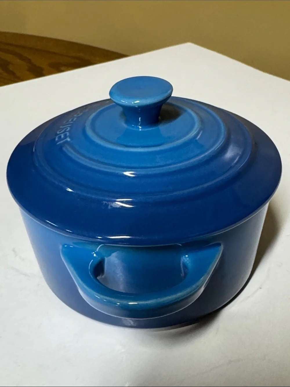Le Creuset Mini Round Cocotte Marseille Blue Stoneware with Lid 8 oz